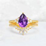 Pear Cut Amethyst Floral Chevron Bridal Ring Set - Additional view