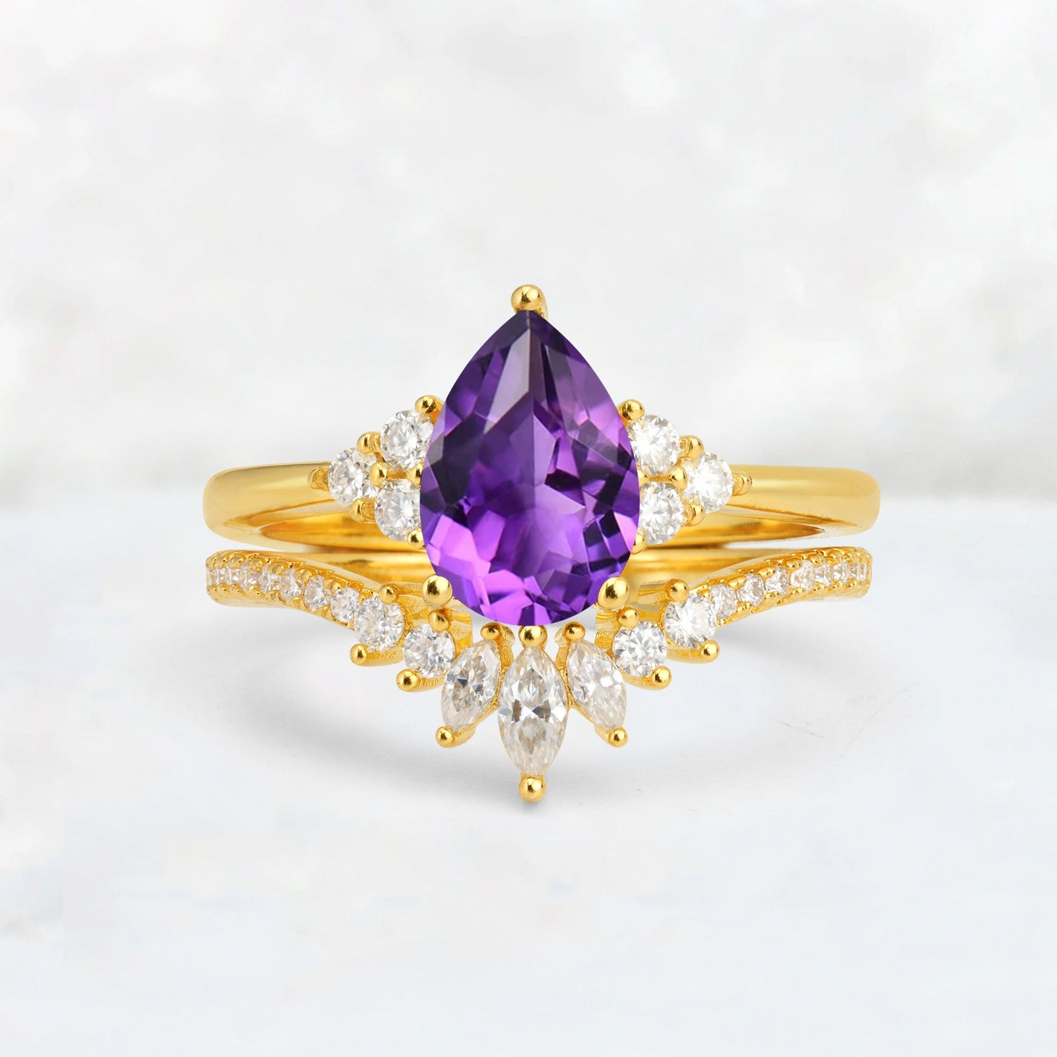 Pear Cut Amethyst Floral Chevron Bridal Ring Set - Additional view