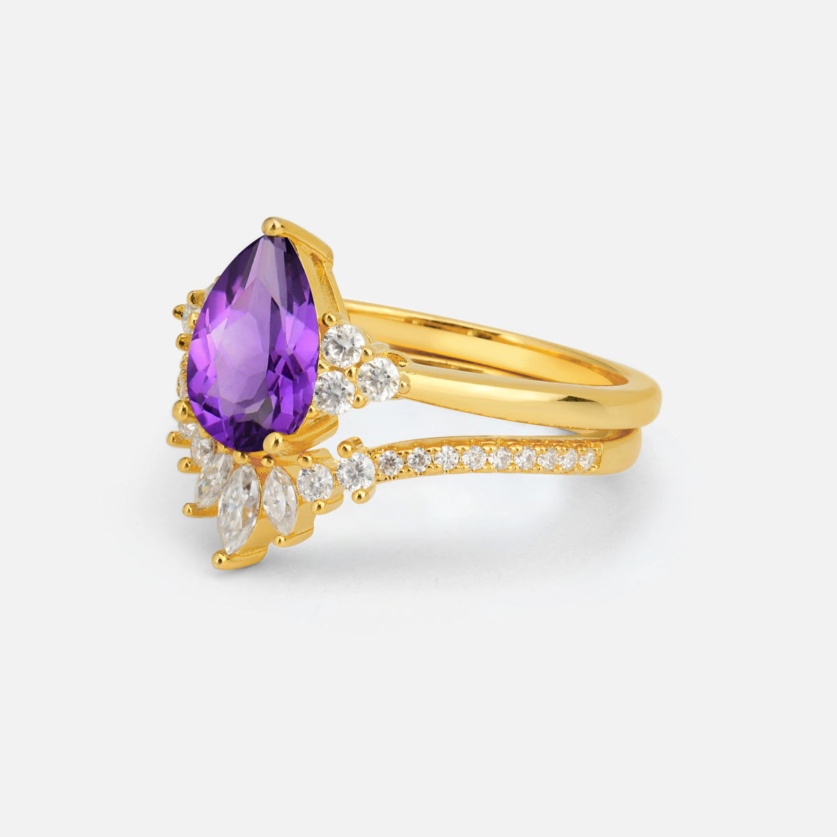 Pear Cut Amethyst Floral Chevron Bridal Ring Set - Additional view