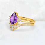 Pear Cut Amethyst Floral Chevron Bridal Ring Set - Additional view