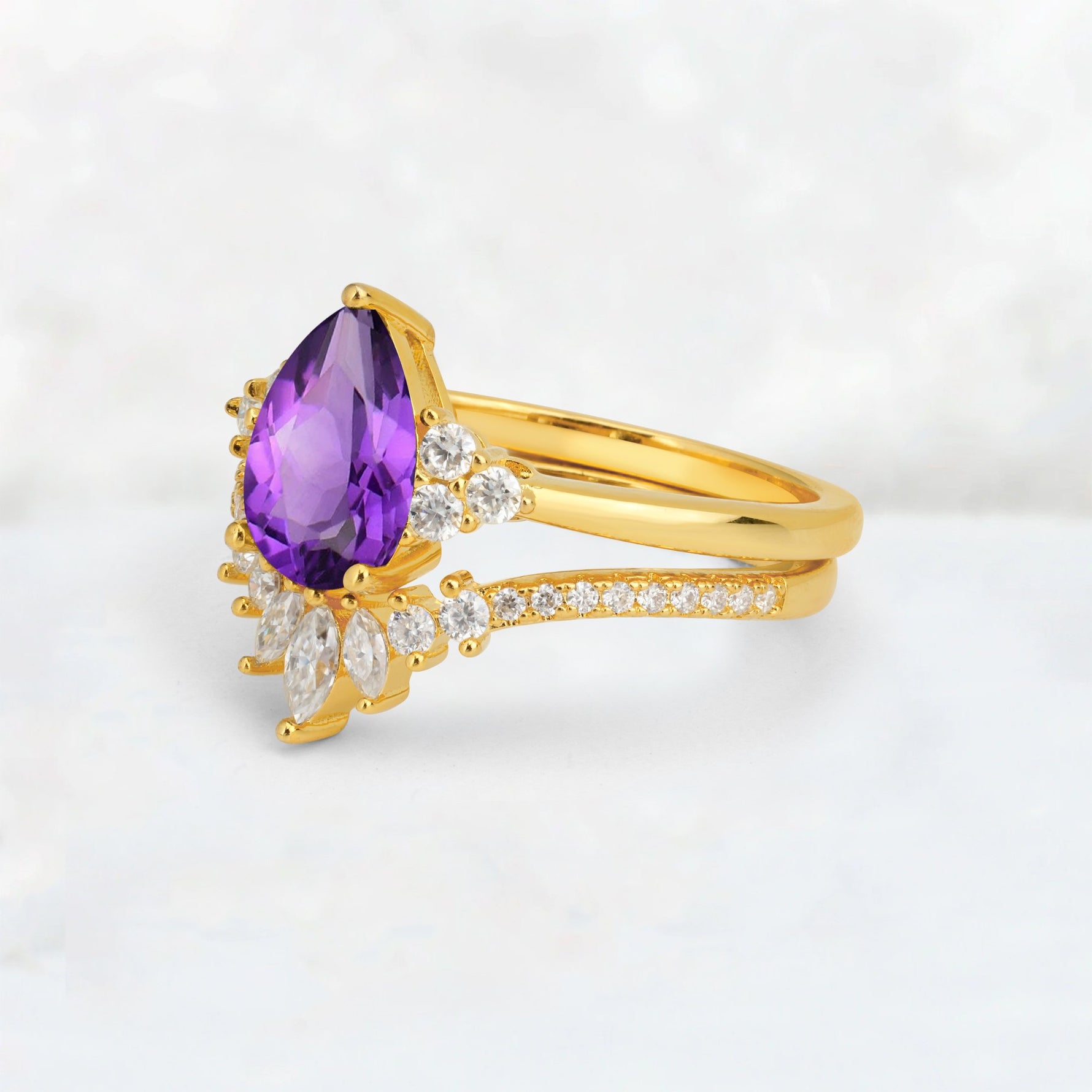 Pear Cut Amethyst Floral Chevron Bridal Ring Set - Additional view