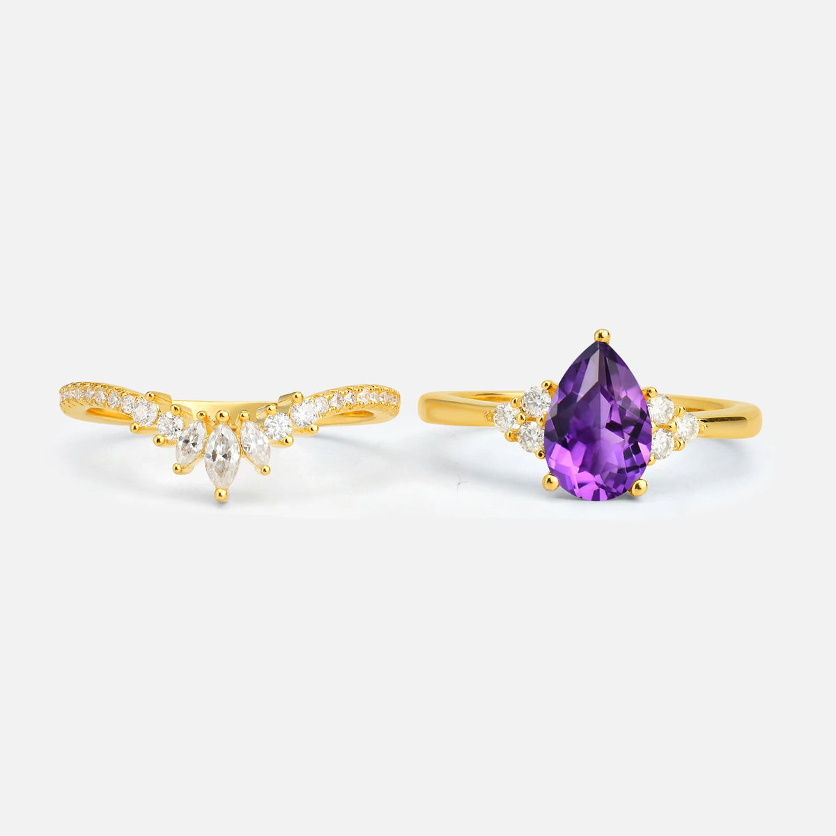 Pear Cut Amethyst Floral Chevron Bridal Ring Set - Additional view