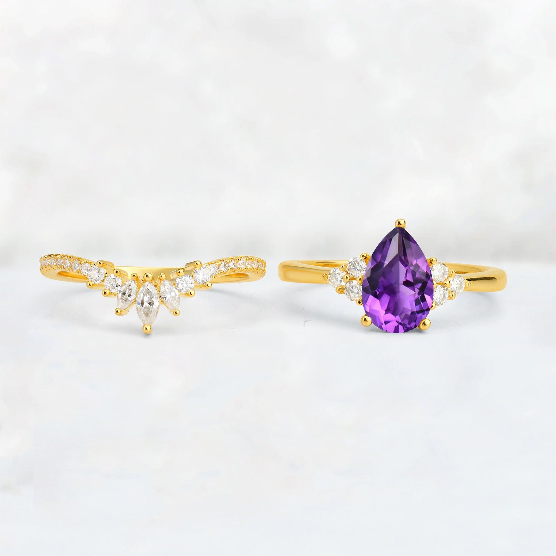 Pear Cut Amethyst Floral Chevron Bridal Ring Set - Additional view