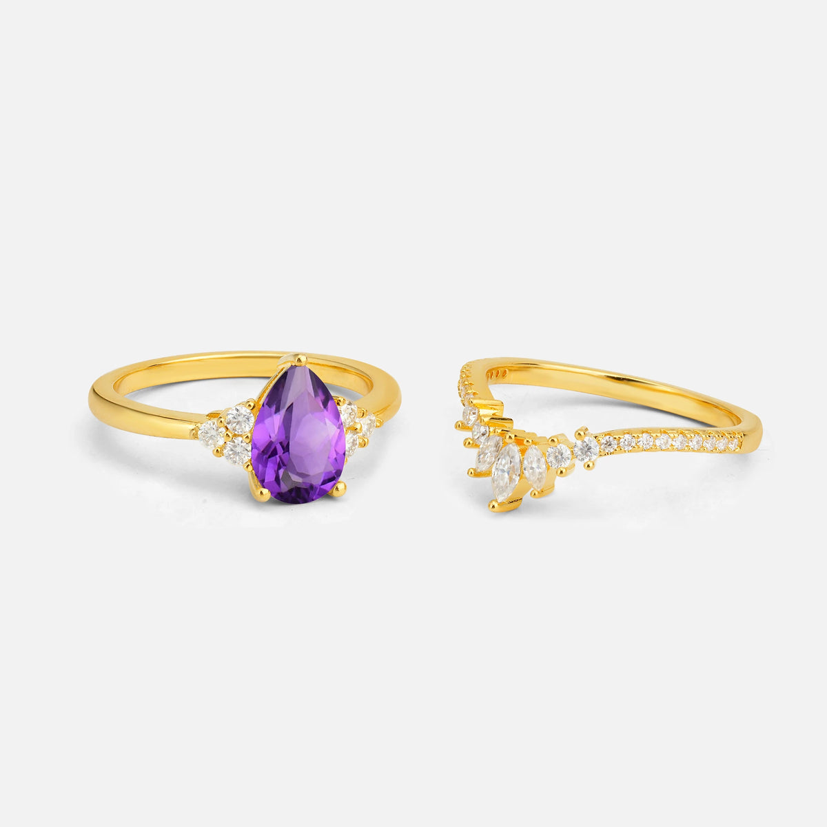 Pear Cut Amethyst Floral Chevron Bridal Ring Set - Additional view