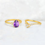 Pear Cut Amethyst Floral Chevron Bridal Ring Set - Additional view