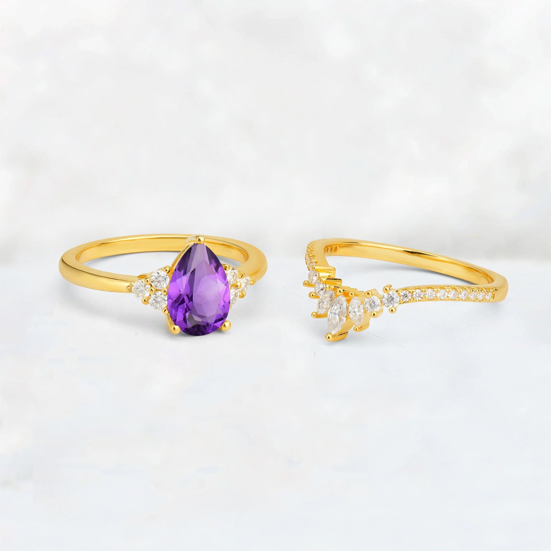 Pear Cut Amethyst Floral Chevron Bridal Ring Set - Additional view