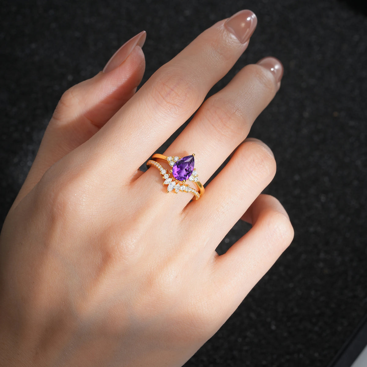 Pear Cut Amethyst Floral Chevron Bridal Ring Set - Additional view