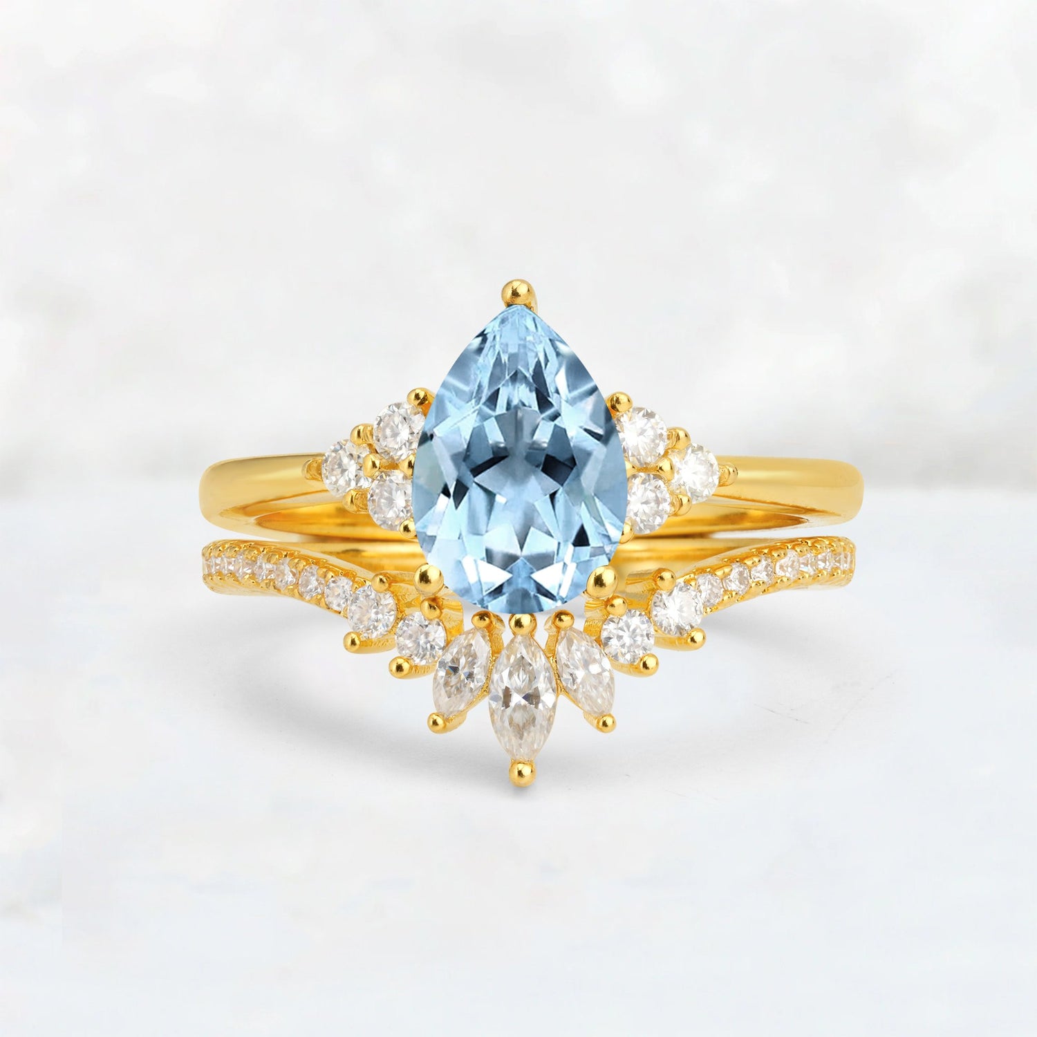 Pear Cut Aquamarine Floral Chevron Bridal Ring Set - Additional view