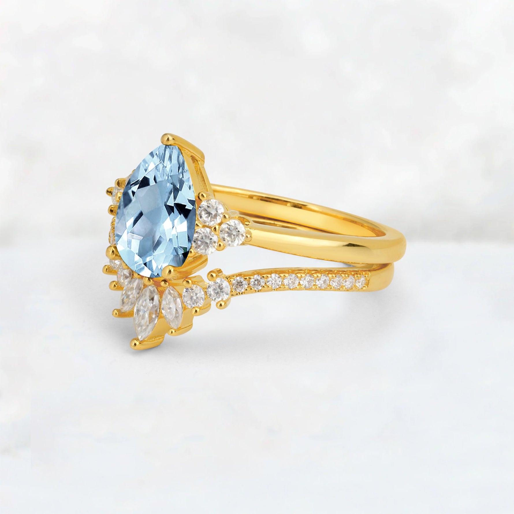 Pear Cut Aquamarine Floral Chevron Bridal Ring Set - Additional view