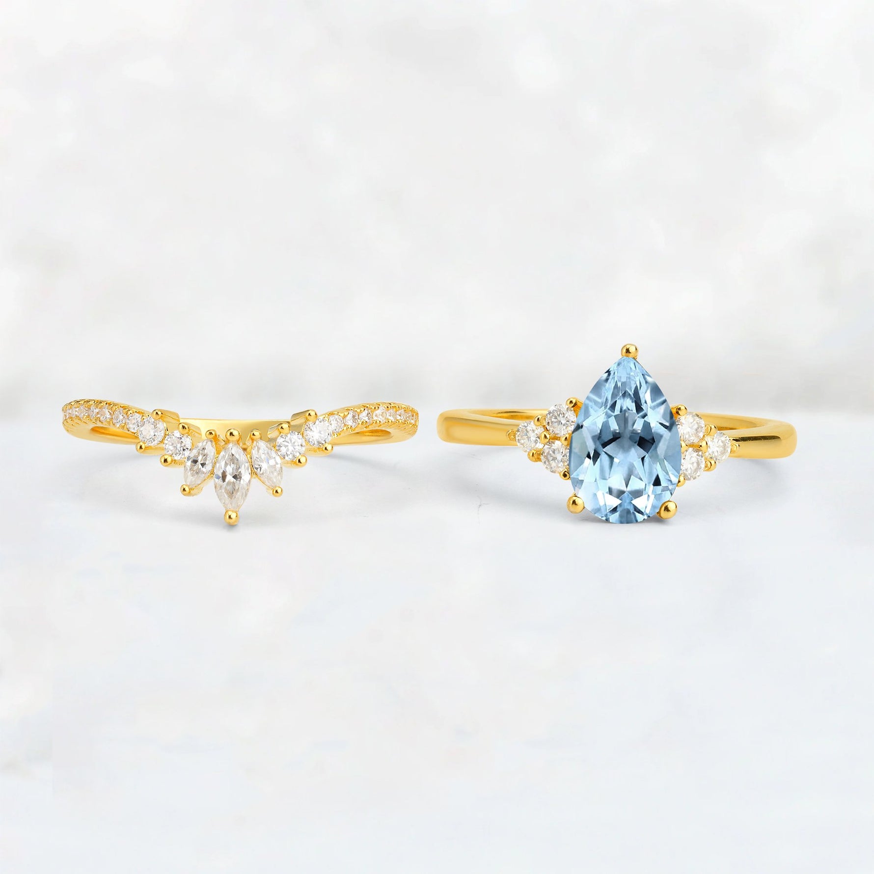 Pear Cut Aquamarine Floral Chevron Bridal Ring Set - Additional view