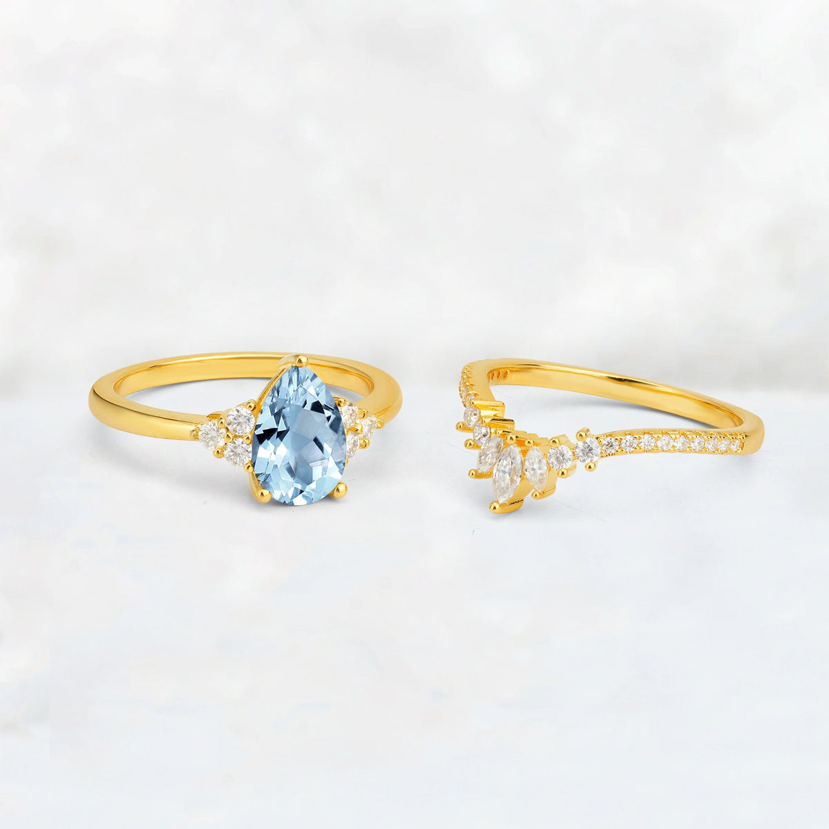 Pear Cut Aquamarine Floral Chevron Bridal Ring Set - Additional view
