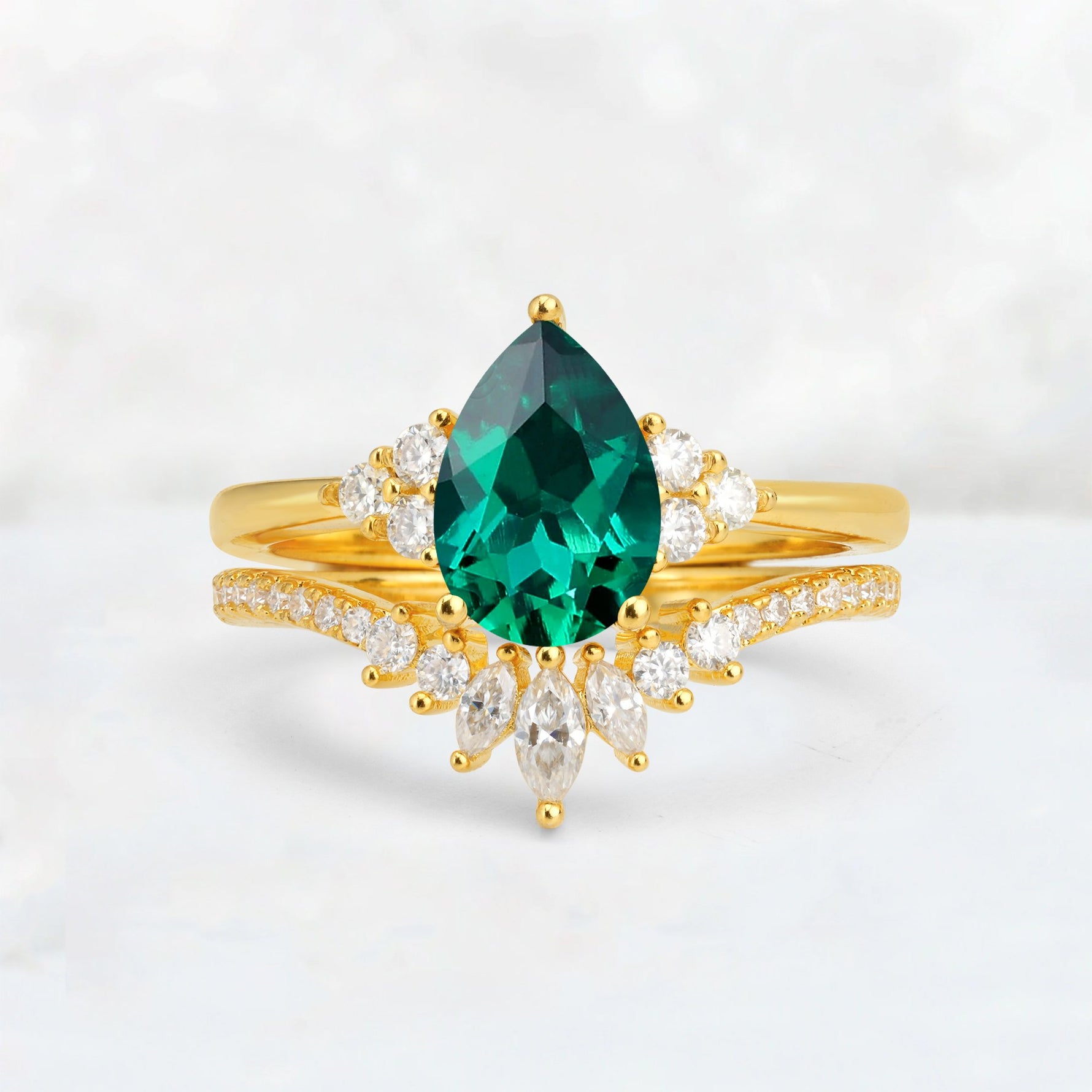 Pear Cut Emerald Floral Chevron Bridal Ring Set - Additional view