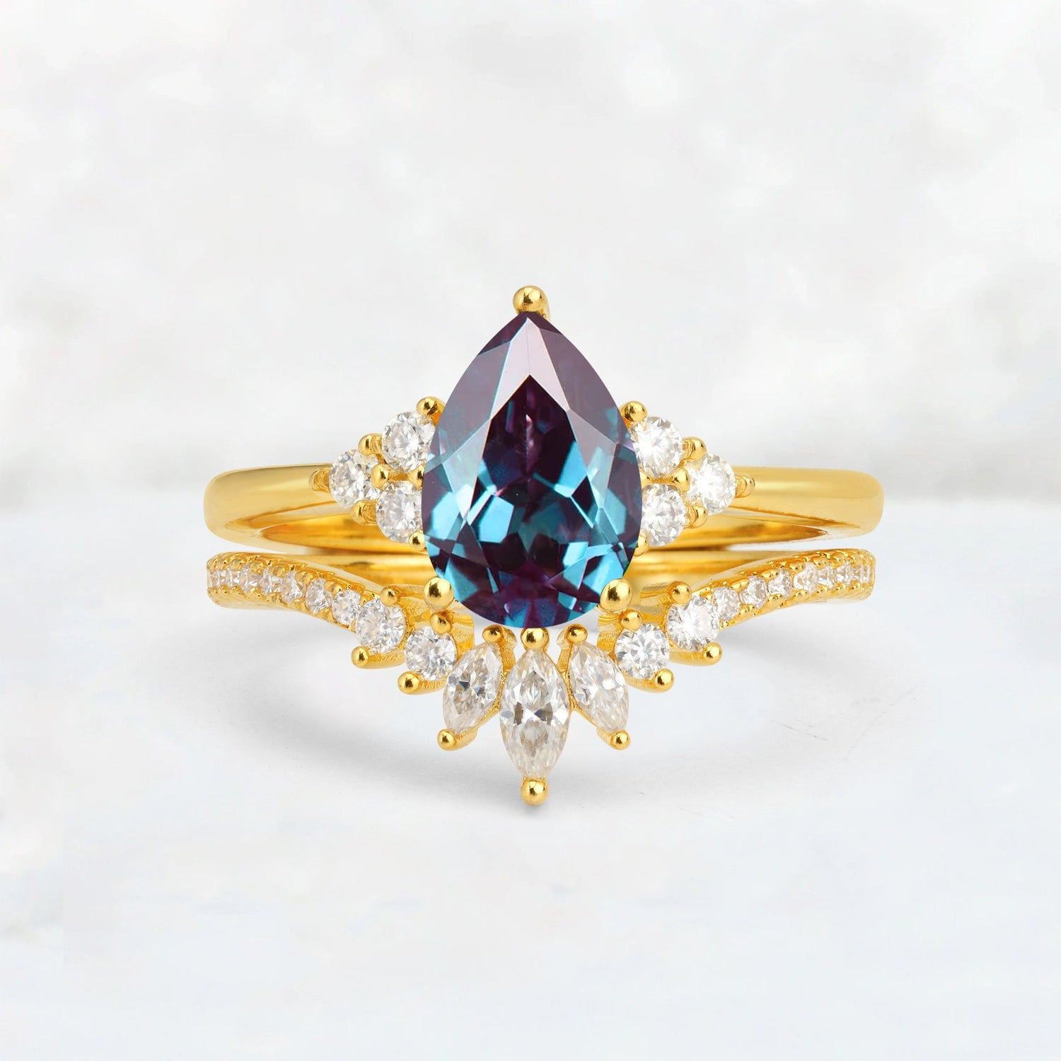 Pear Cut Alexandrite Floral Chevron Bridal Ring Set - Additional view