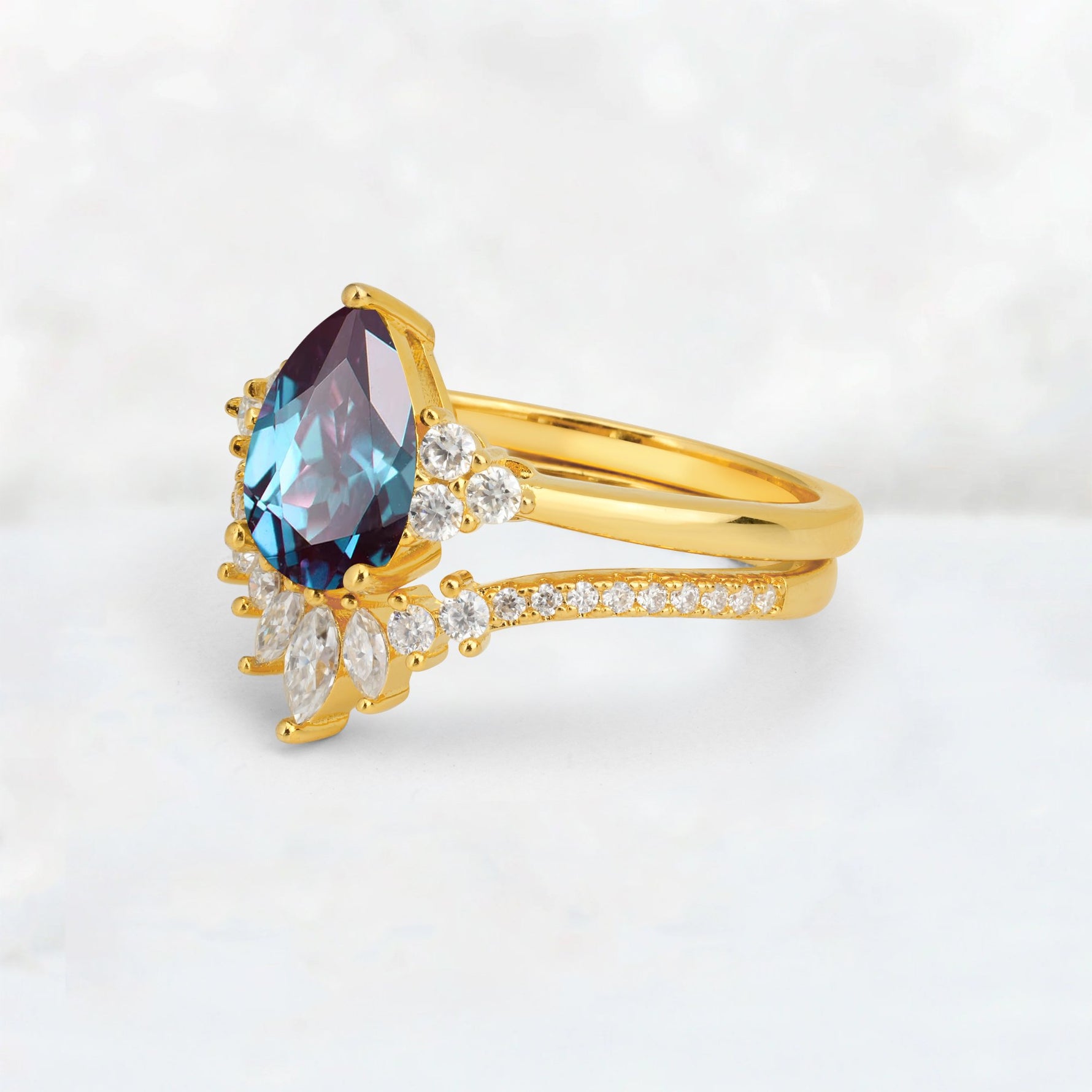 Pear Cut Alexandrite Floral Chevron Bridal Ring Set - Additional view