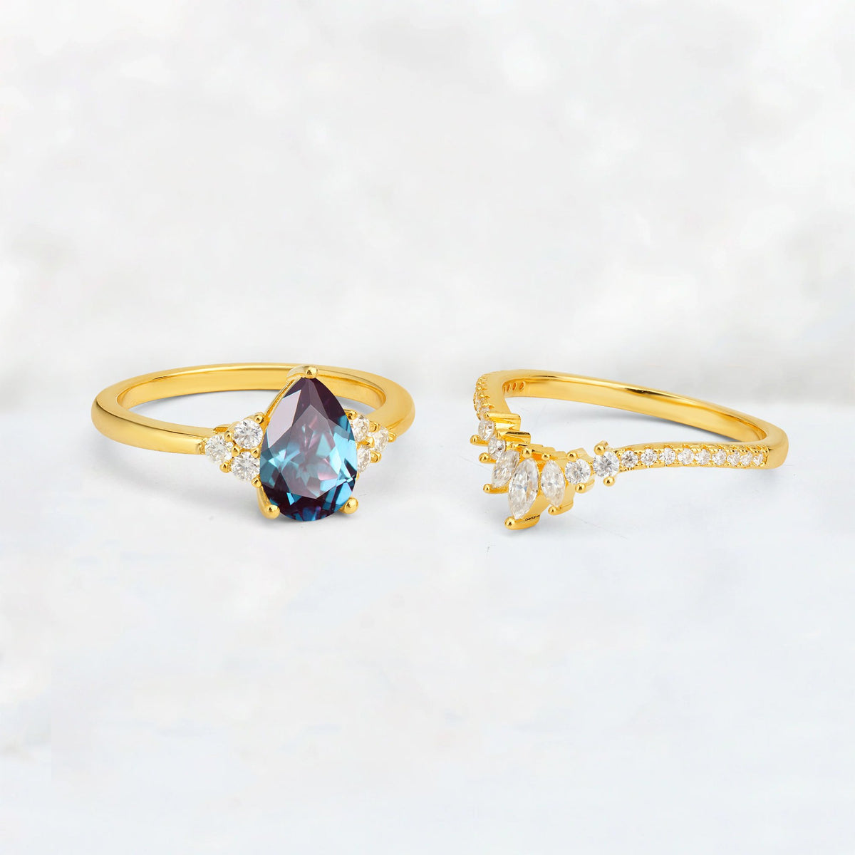 Pear Cut Alexandrite Floral Chevron Bridal Ring Set - Additional view