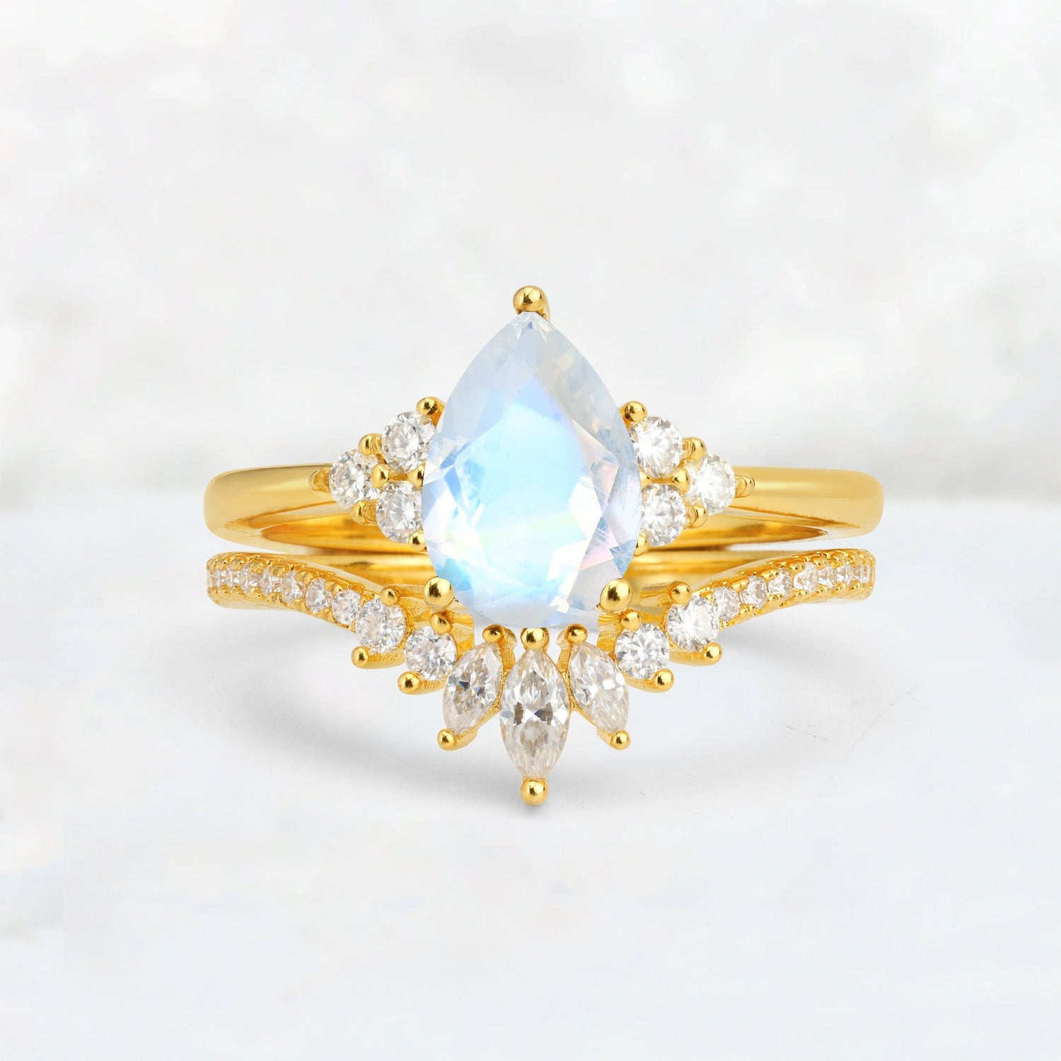 Pear Cut Moonstone Floral Chevron Bridal Ring Set - Additional view