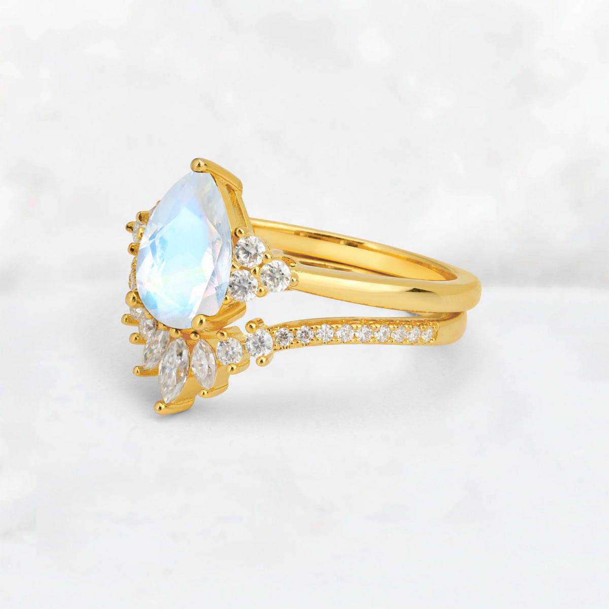 Pear Cut Moonstone Floral Chevron Bridal Ring Set - Additional view