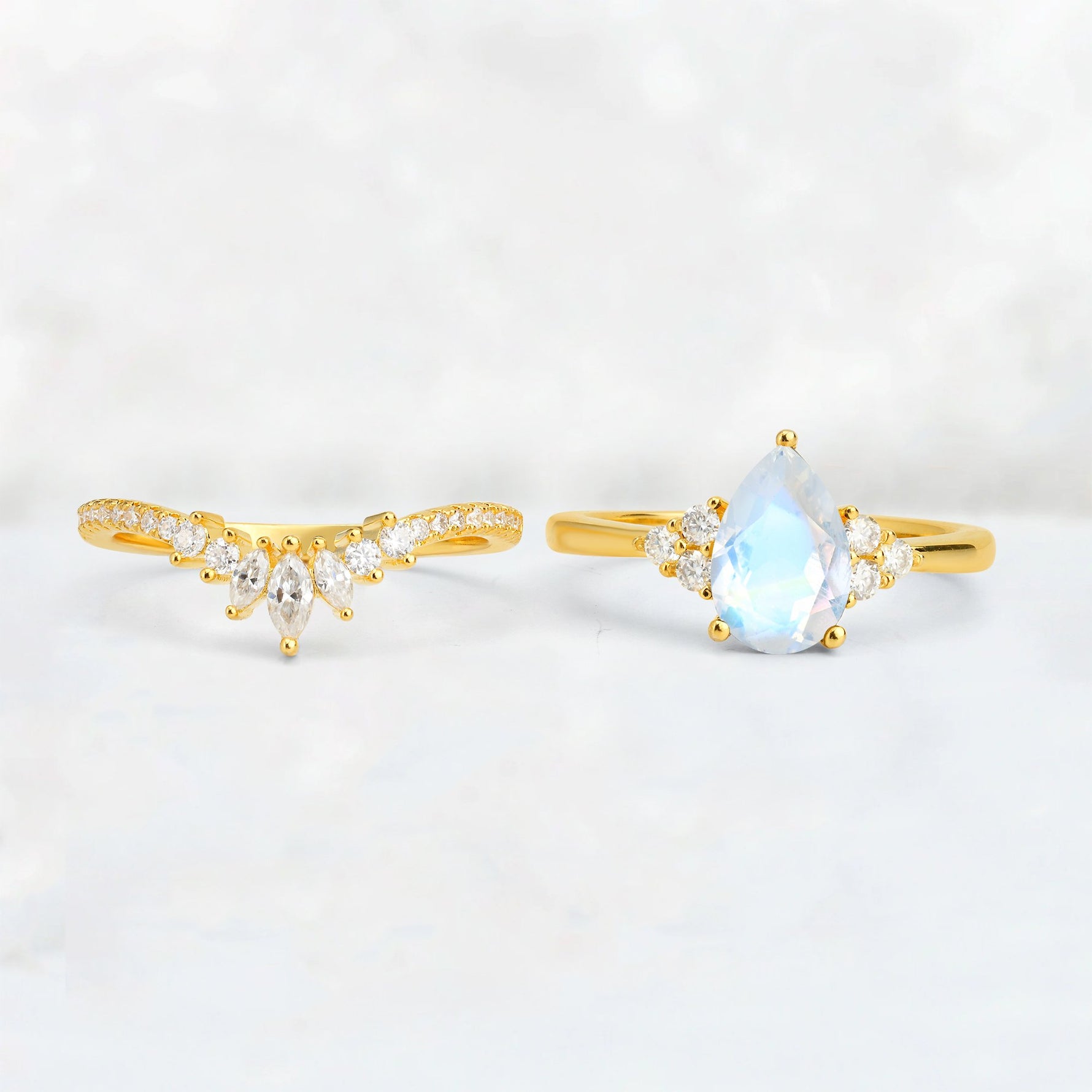 Pear Cut Moonstone Floral Chevron Bridal Ring Set - Additional view