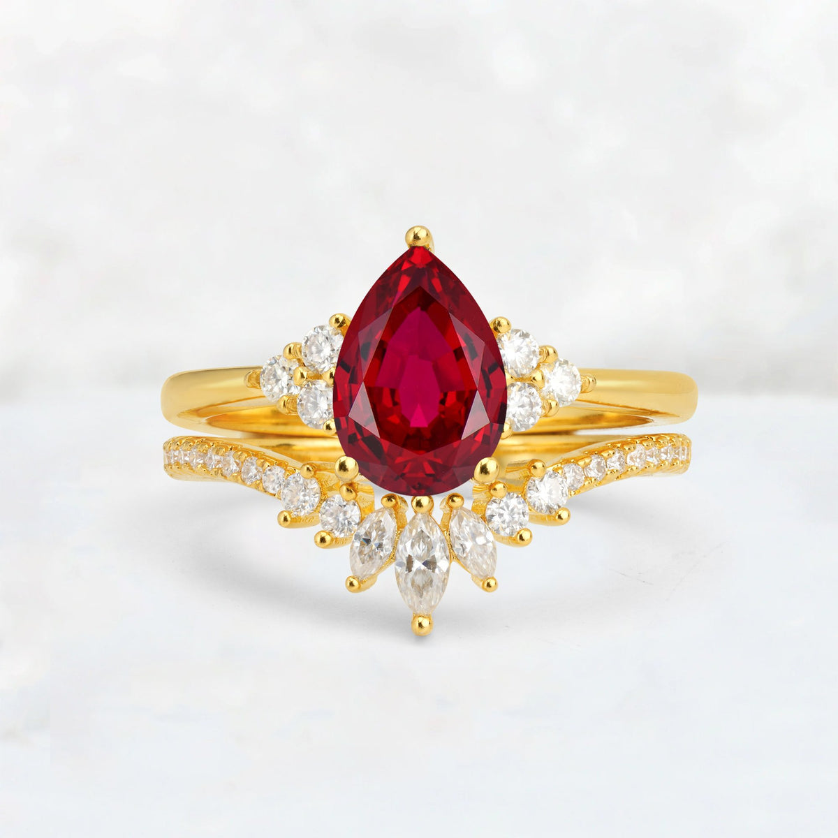 Pear Cut Ruby Floral Chevron Bridal Ring Set - Additional view