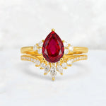Pear Cut Ruby Floral Chevron Bridal Ring Set - Additional view