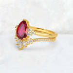 Pear Cut Ruby Floral Chevron Bridal Ring Set - Additional view