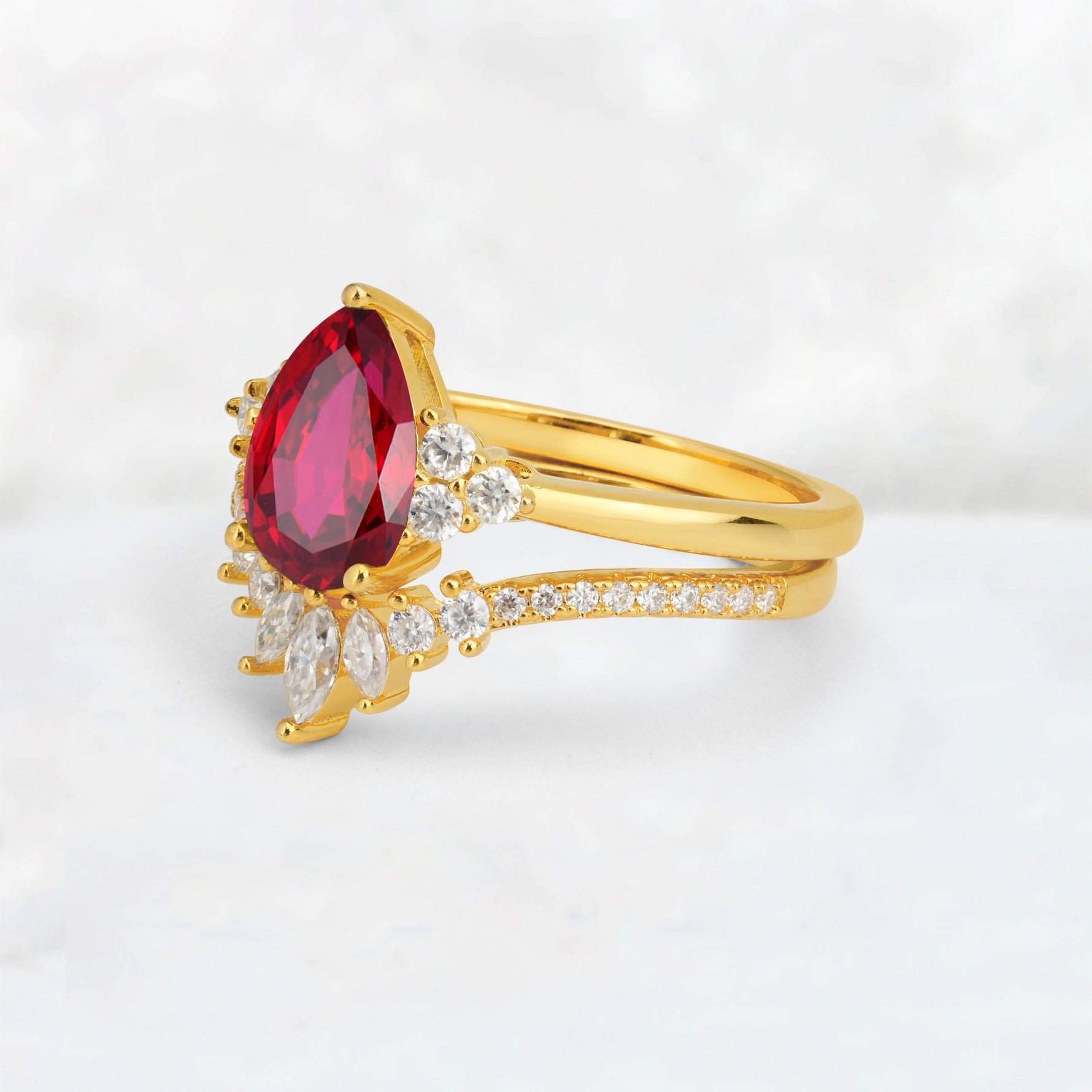 Pear Cut Ruby Floral Chevron Bridal Ring Set - Additional view