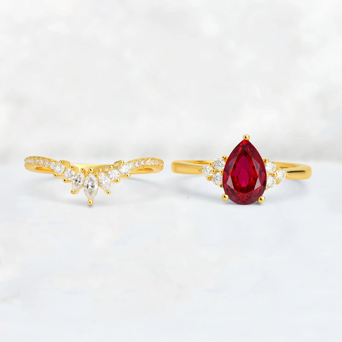 Pear Cut Ruby Floral Chevron Bridal Ring Set - Additional view