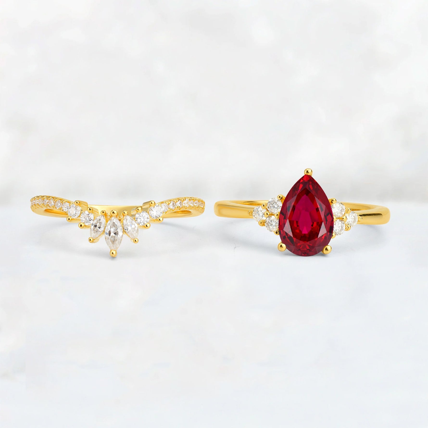 Pear Cut Ruby Floral Chevron Bridal Ring Set - Additional view
