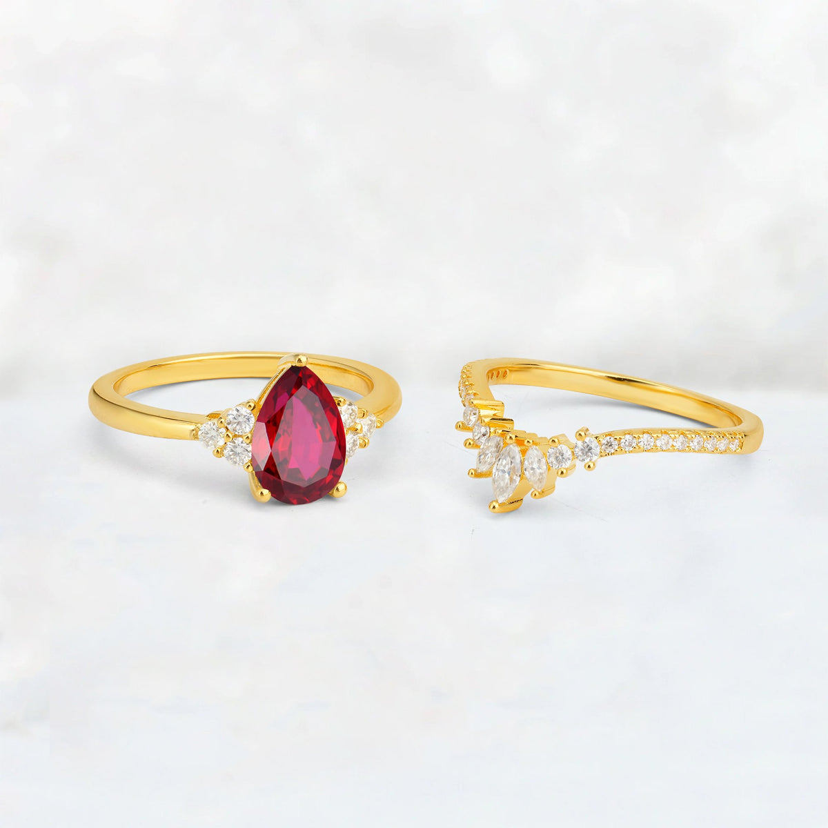 Pear Cut Ruby Floral Chevron Bridal Ring Set - Additional view