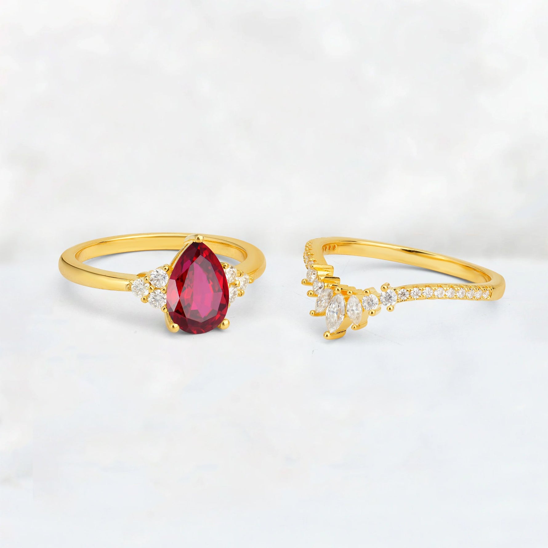 Pear Cut Ruby Floral Chevron Bridal Ring Set - Additional view