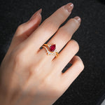 Pear Cut Ruby Floral Chevron Bridal Ring Set - Additional view