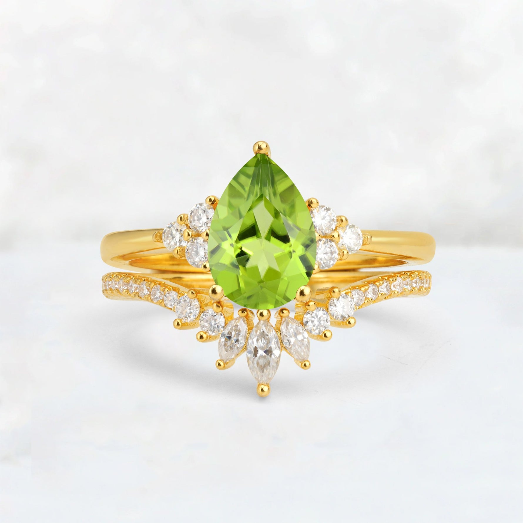 Pear Cut Peridot Floral Chevron Bridal Ring Set - Additional view
