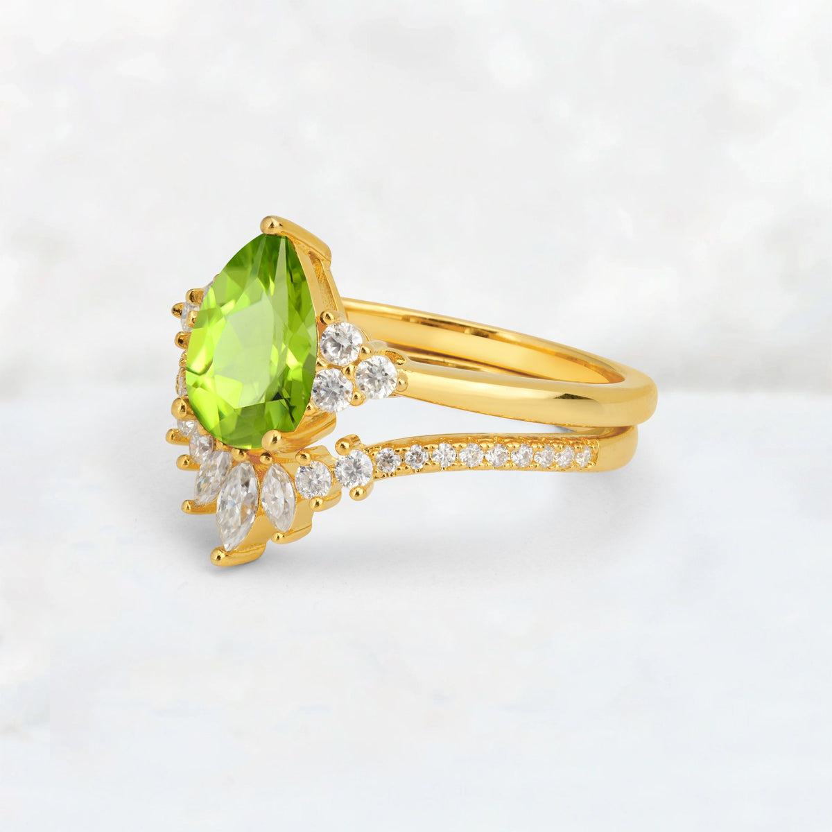 Pear Cut Peridot Floral Chevron Bridal Ring Set - Additional view