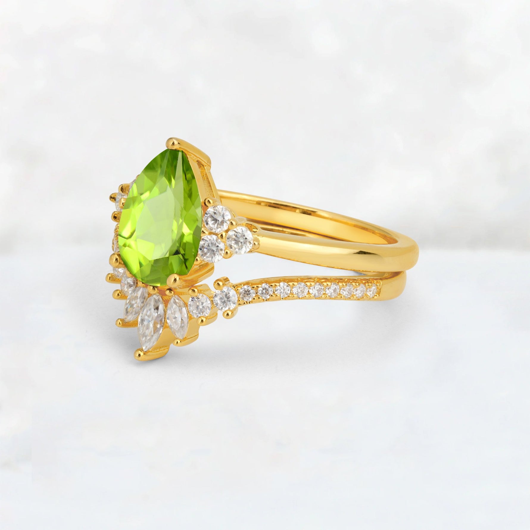 Pear Cut Peridot Floral Chevron Bridal Ring Set - Additional view