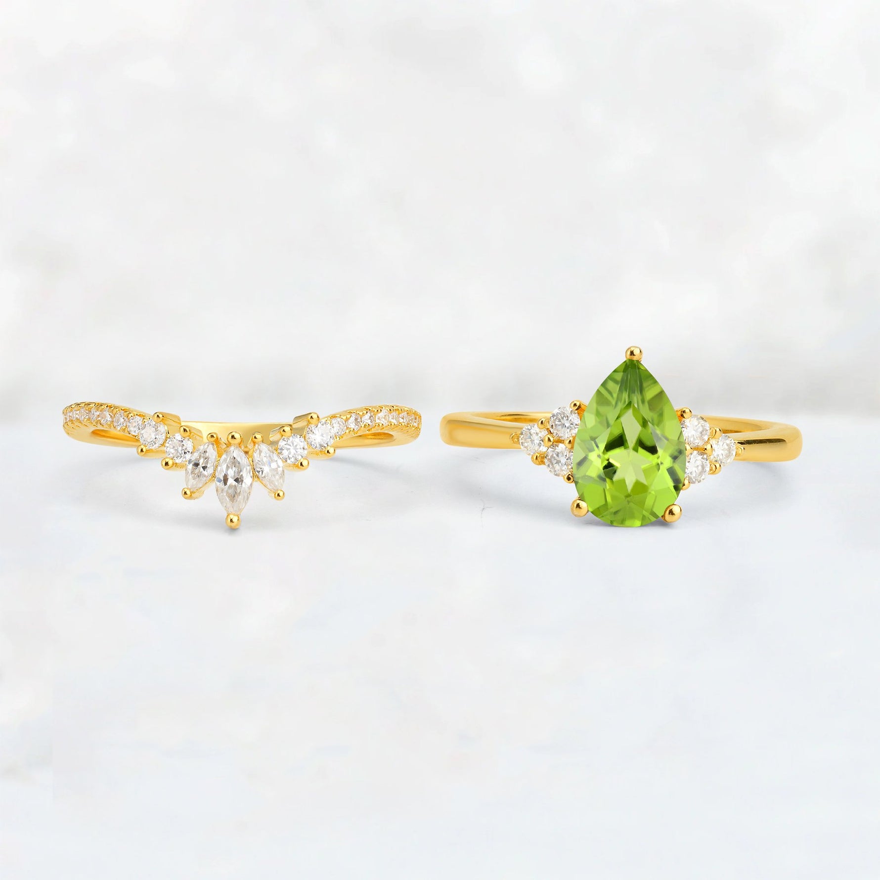 Pear Cut Peridot Floral Chevron Bridal Ring Set - Additional view