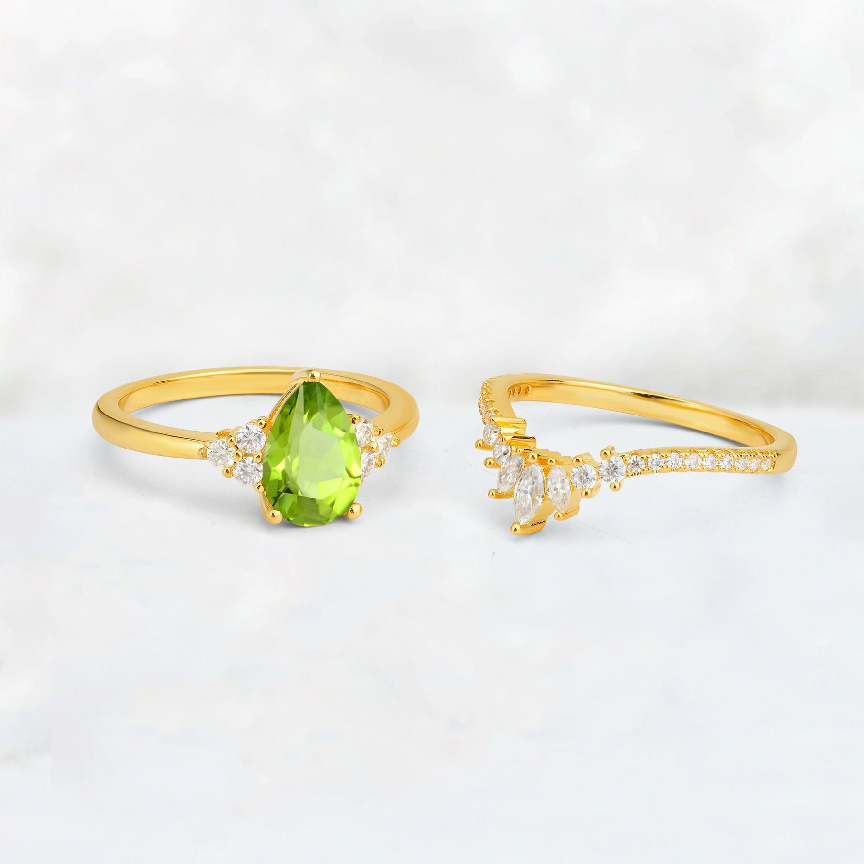 Pear Cut Peridot Floral Chevron Bridal Ring Set - Additional view