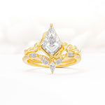 Nature-Inspired Kite Cut Moissanite Bridal Set with Leaf Accents - Yellow-Gold