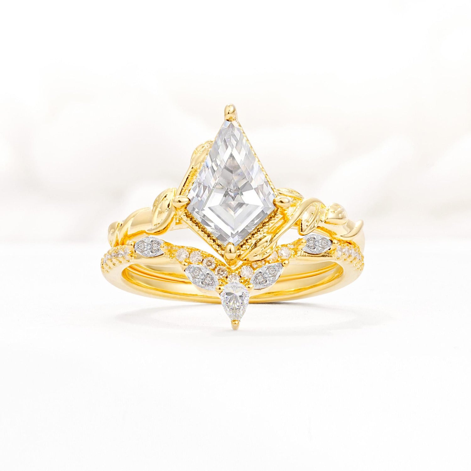 Nature-Inspired Kite Cut Moissanite Bridal Set with Leaf Accents - Yellow-Gold
