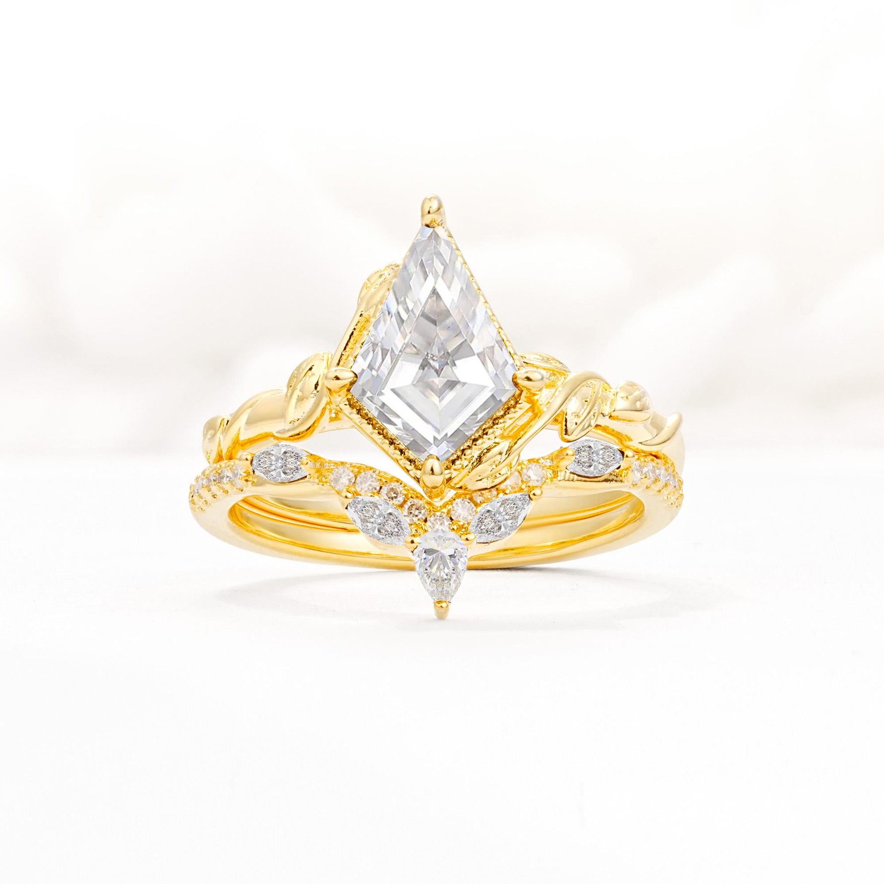 Nature-Inspired Kite Cut Moissanite Bridal Set with Leaf Accents - Yellow-Gold