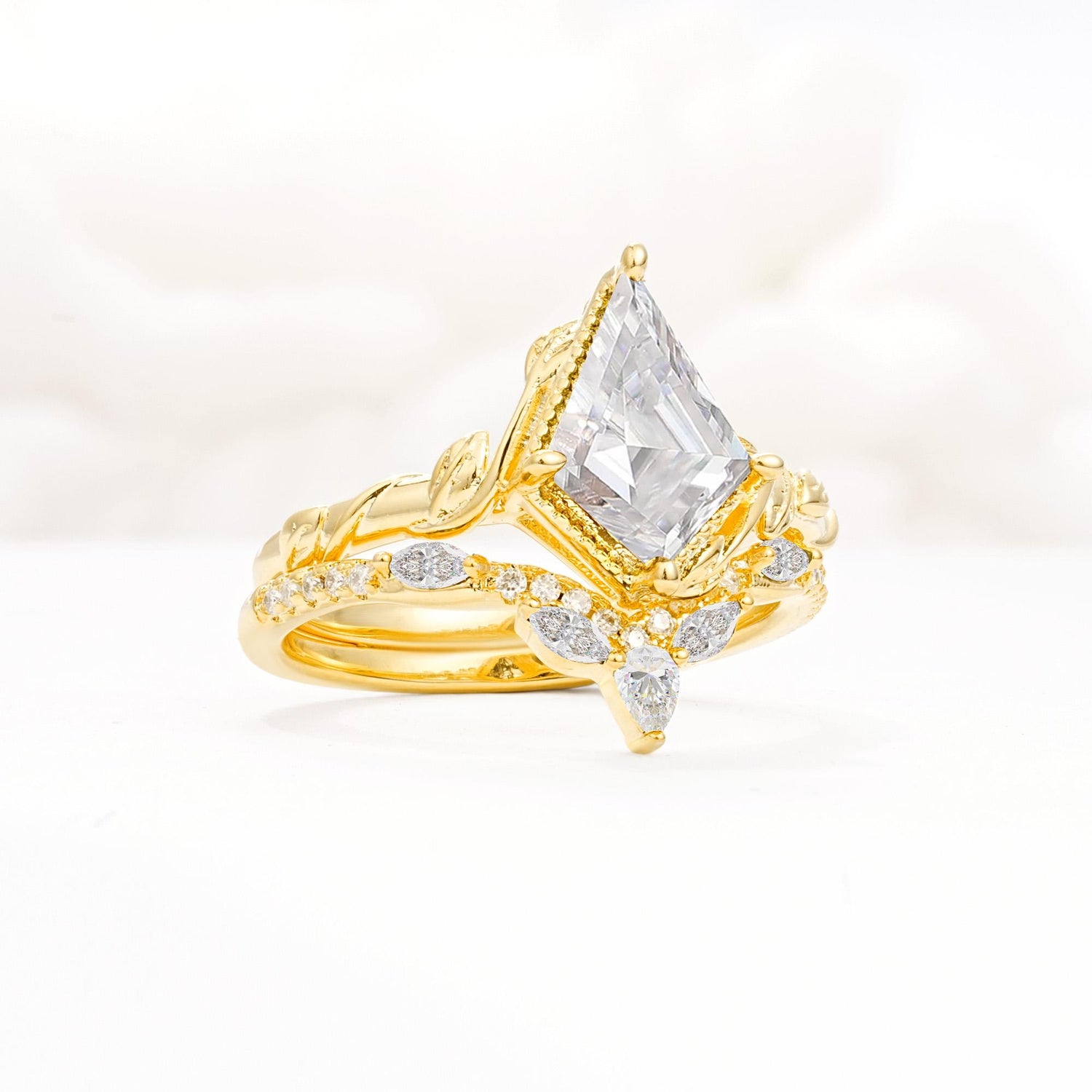 Nature-Inspired Kite Cut Moissanite Bridal Set with Leaf Accents - Rose-Gold
