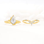 Nature-Inspired Kite Cut Moissanite Bridal Set with Leaf Accents - White-Gold
