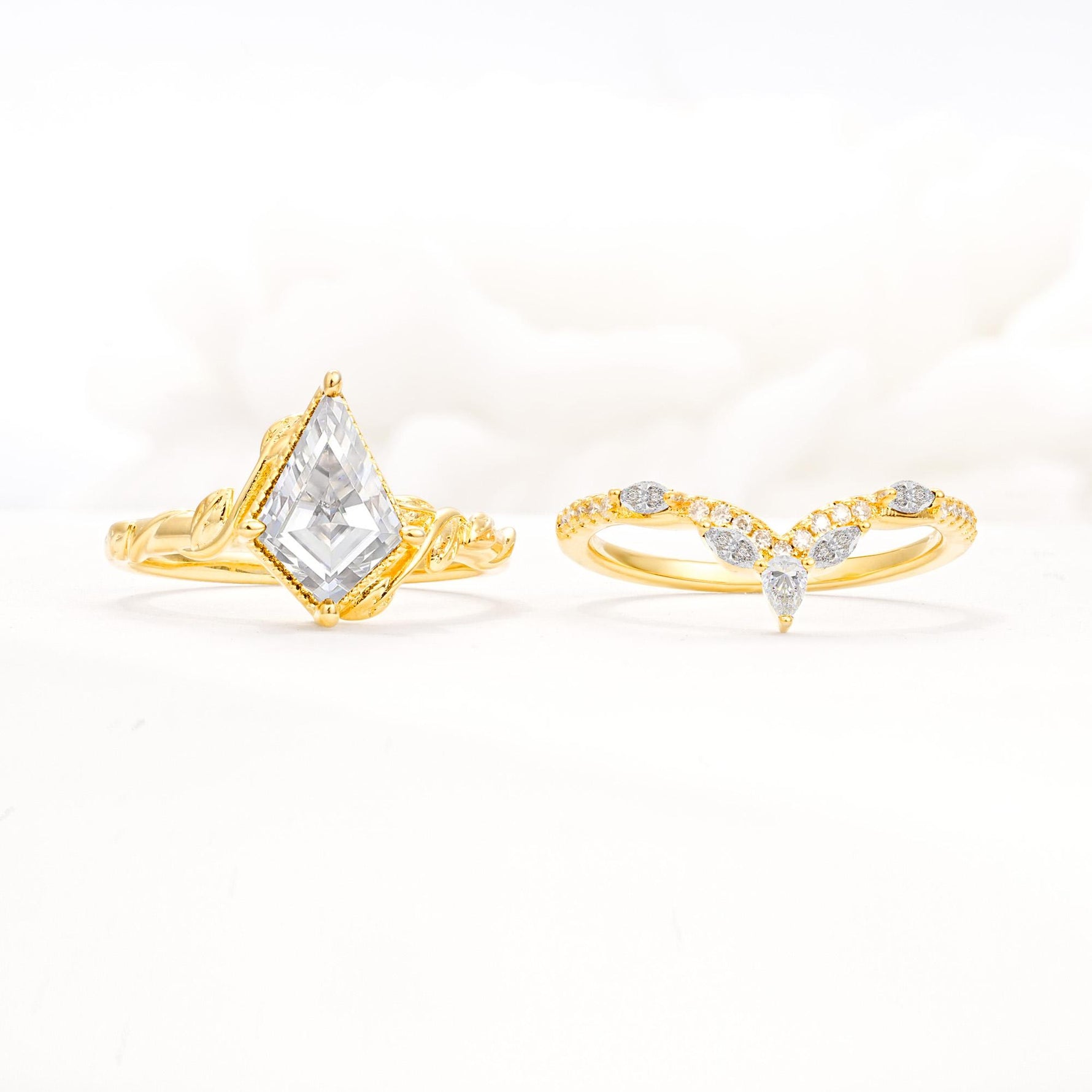 Nature-Inspired Kite Cut Moissanite Bridal Set with Leaf Accents - White-Gold