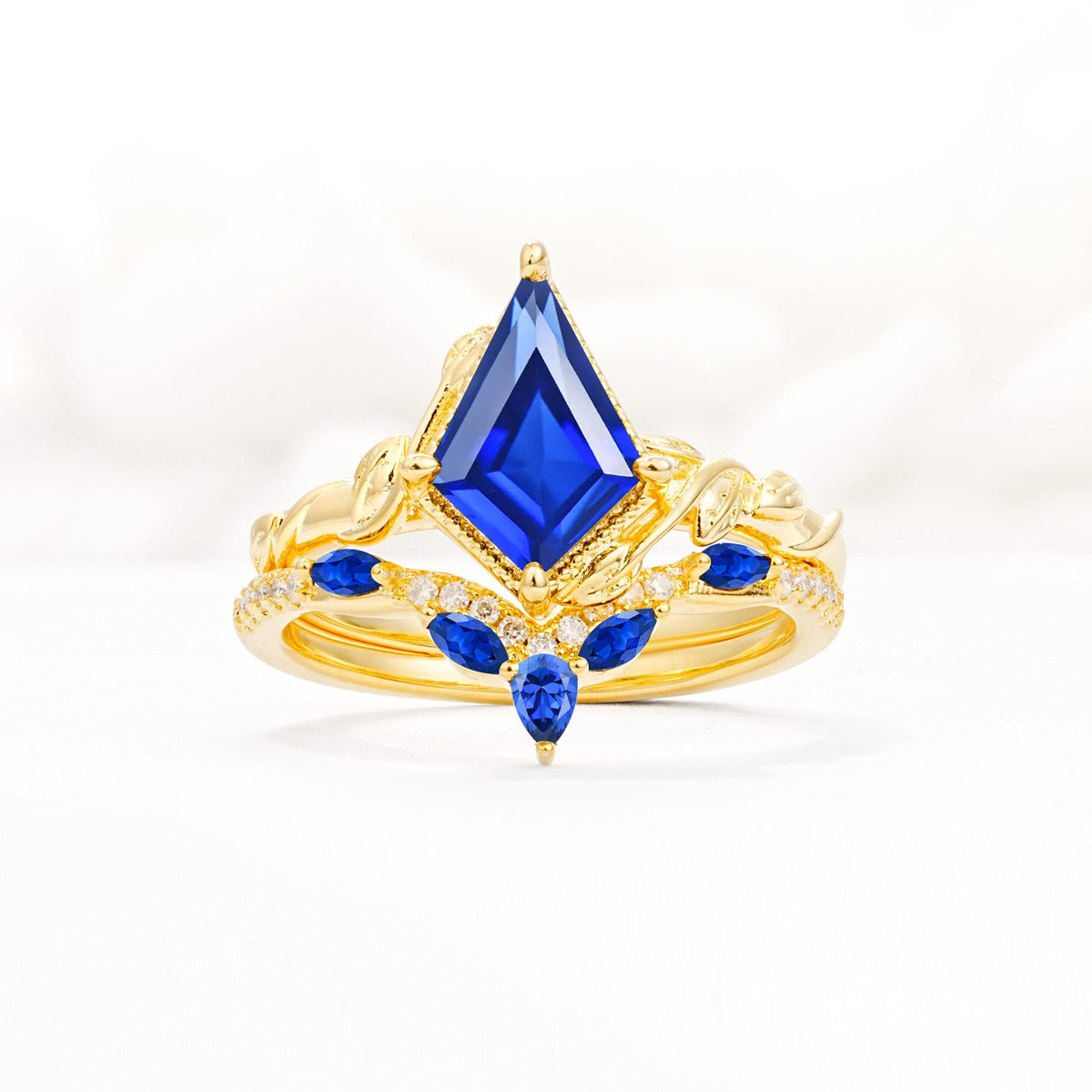 Nature-Inspired Kite Cut Sapphire Bridal Set with Leaf Accents - Yellow-Gold