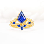 Nature-Inspired Kite Cut Sapphire Bridal Set with Leaf Accents - Yellow-Gold