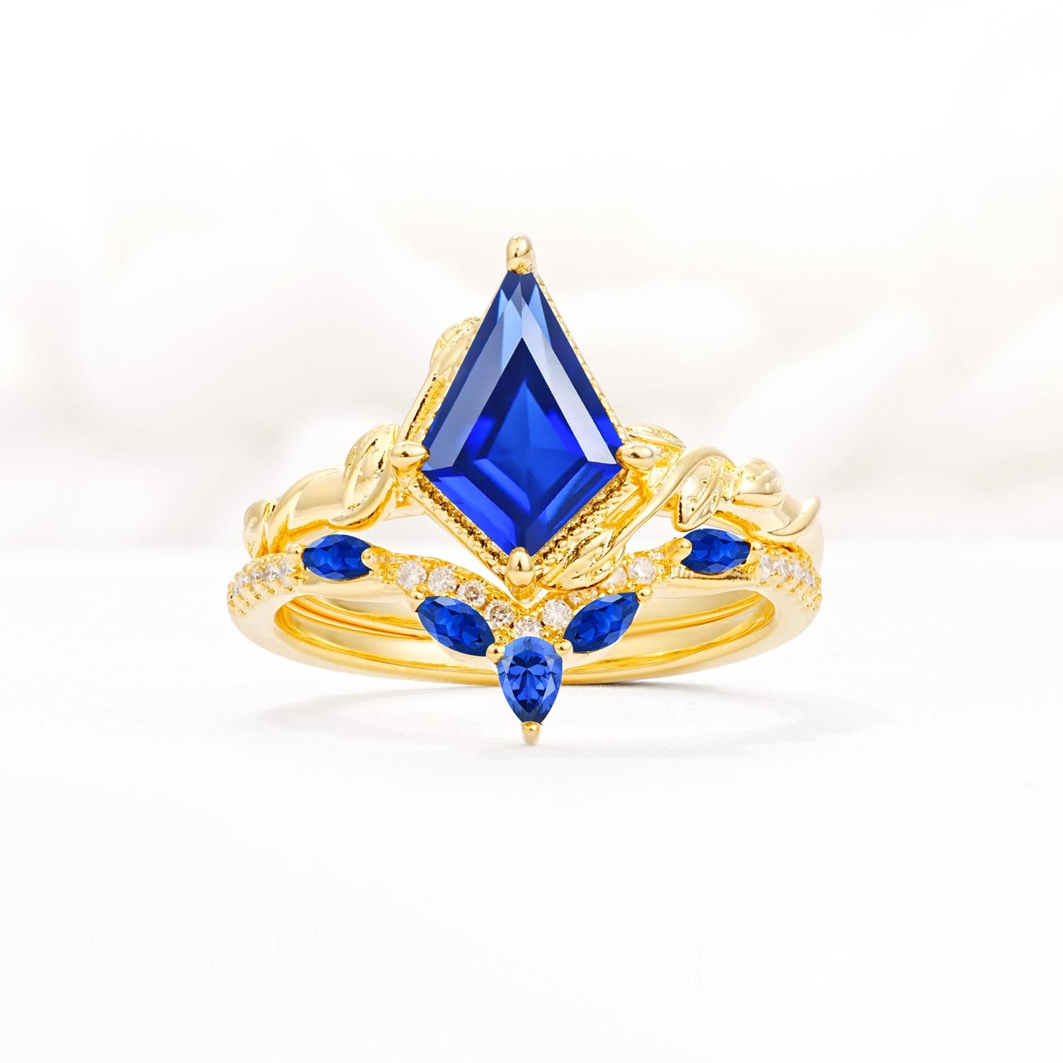 Nature-Inspired Kite Cut Sapphire Bridal Set with Leaf Accents - Yellow-Gold
