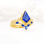 Nature-Inspired Kite Cut Sapphire Bridal Set with Leaf Accents - Rose-Gold