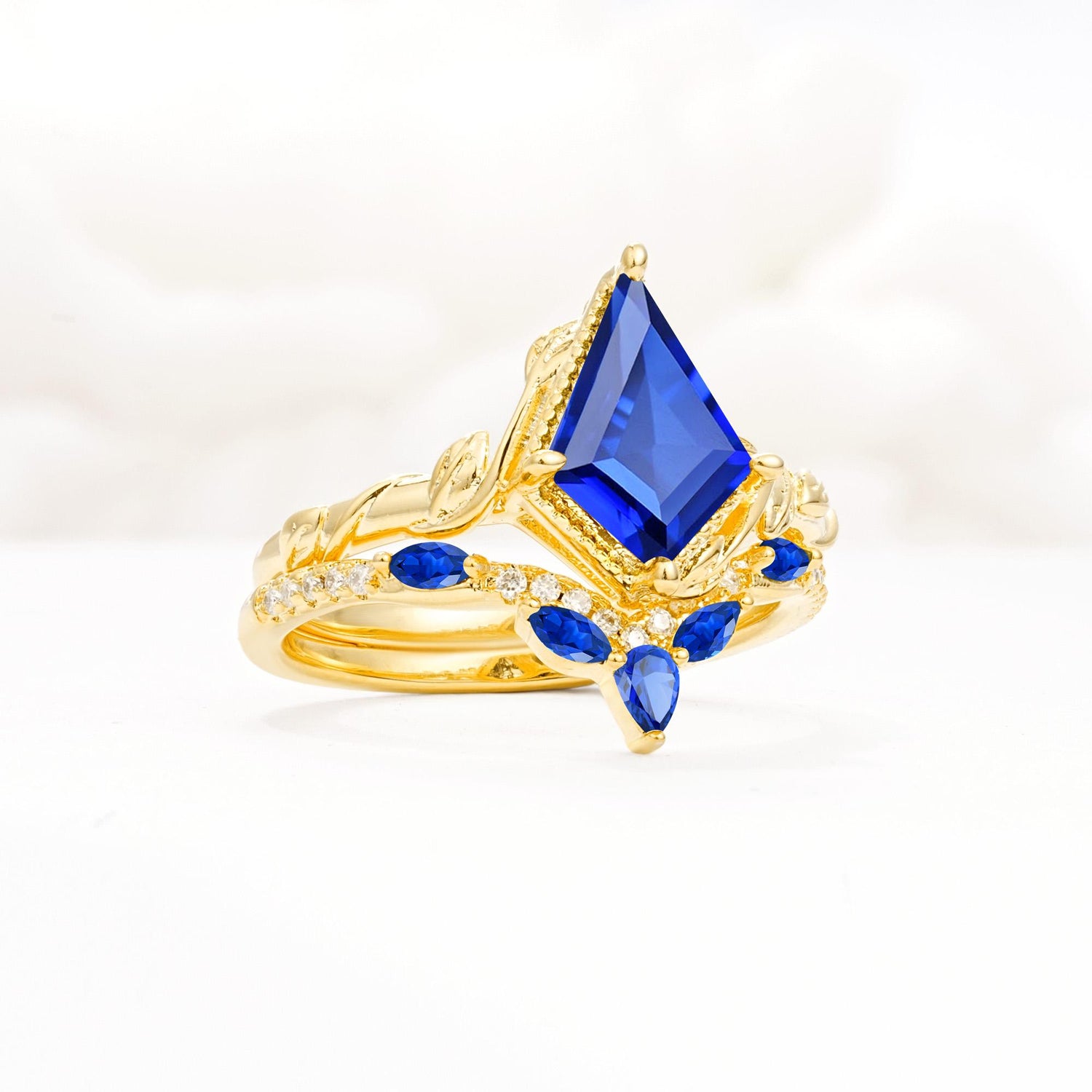 Nature-Inspired Kite Cut Sapphire Bridal Set with Leaf Accents - Rose-Gold