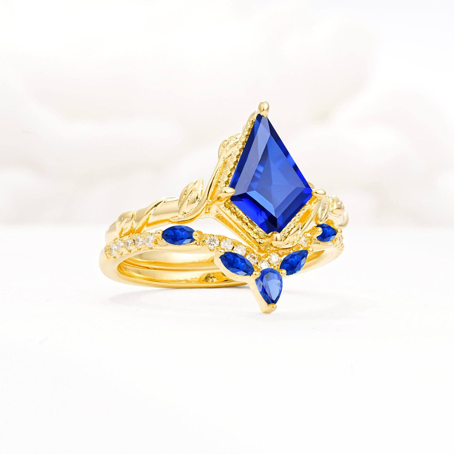 Nature-Inspired Kite Cut Sapphire Bridal Set with Leaf Accents - Rose-Gold