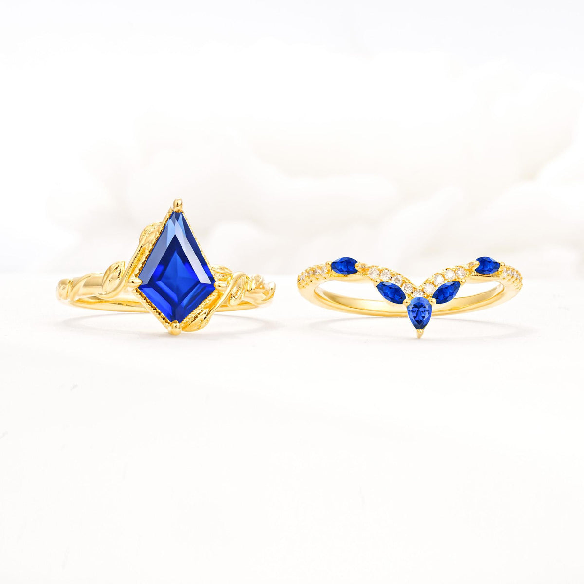 Nature-Inspired Kite Cut Sapphire Bridal Set with Leaf Accents - White-Gold