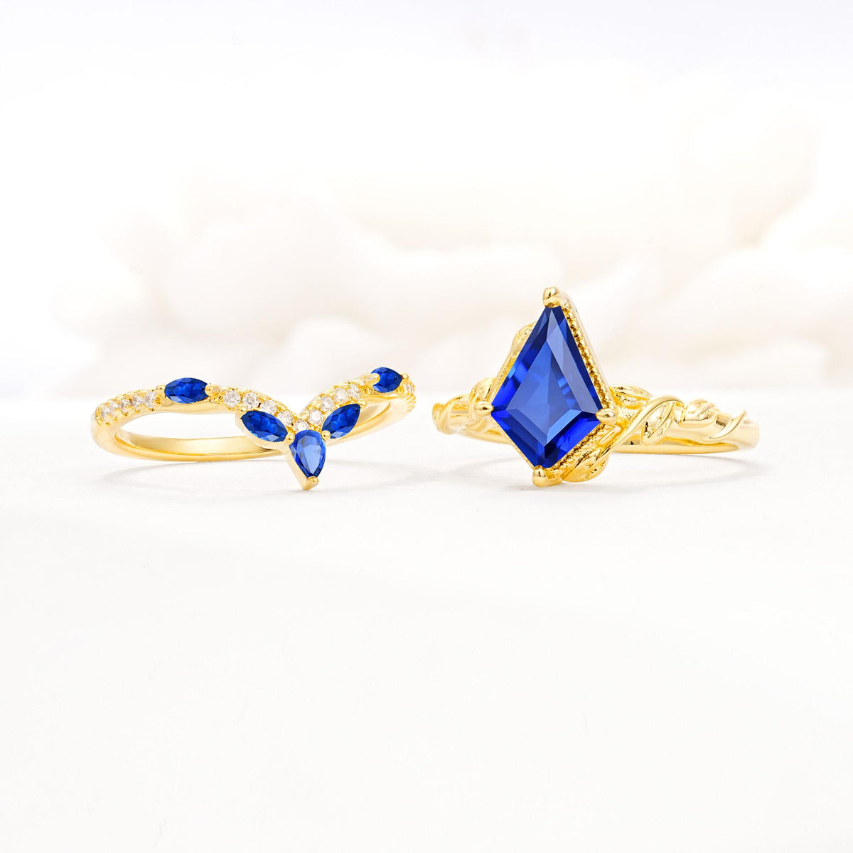 Nature-Inspired Kite Cut Sapphire Bridal Set with Leaf Accents - Additional view
